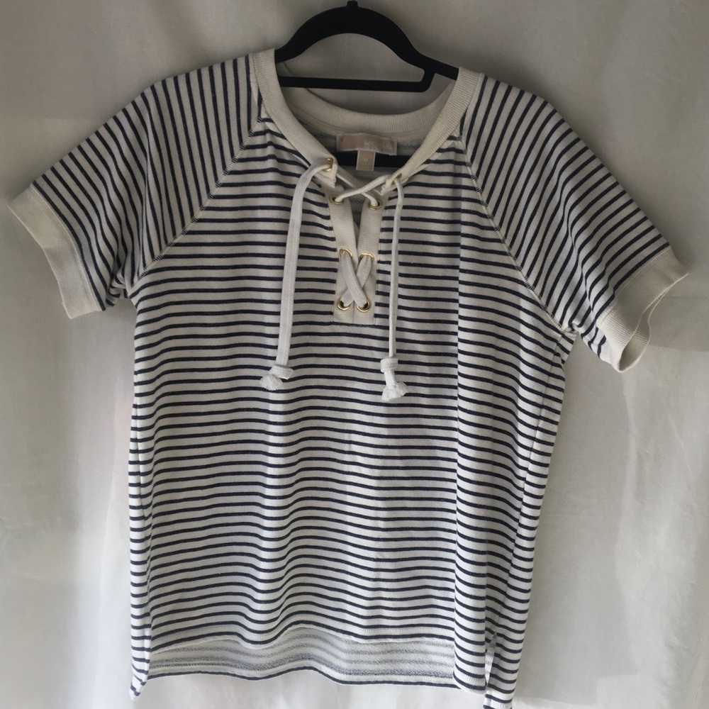 Michael Kors Navy And White stripe lace up shirt size small